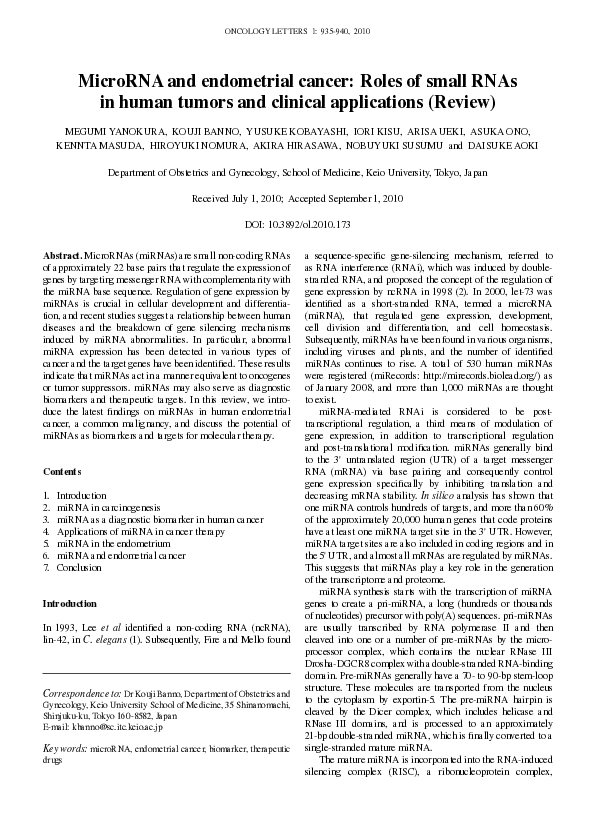 (PDF) MicroRNA and endometrial cancer: Roles of small RNAs in human ...