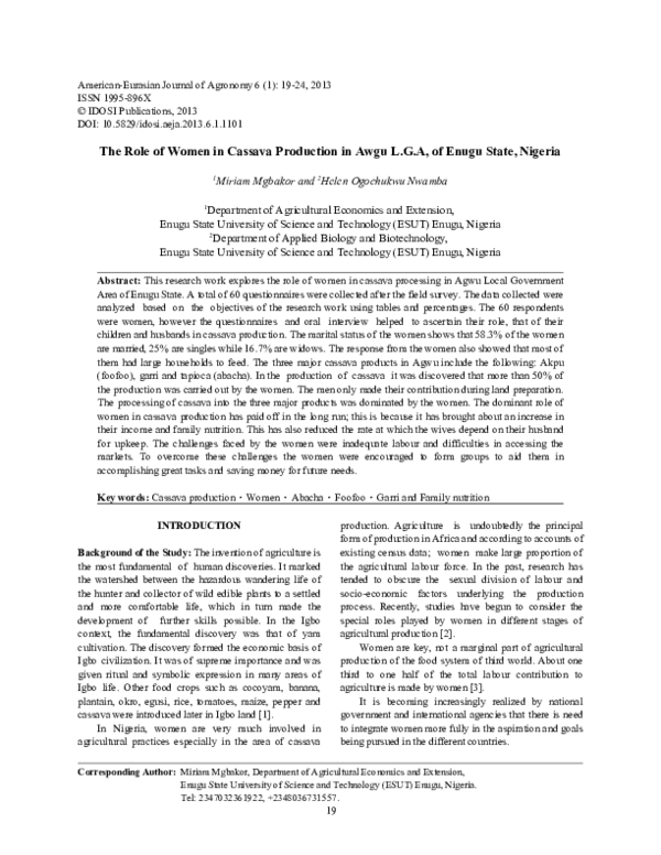(PDF) The Role of Women in Cassava Production in Awgu L.G.A, of Enugu ...
