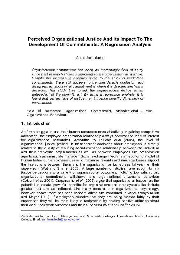 (PDF) Perceived Organizational Justice and Its Impact to the Development of Commitments A