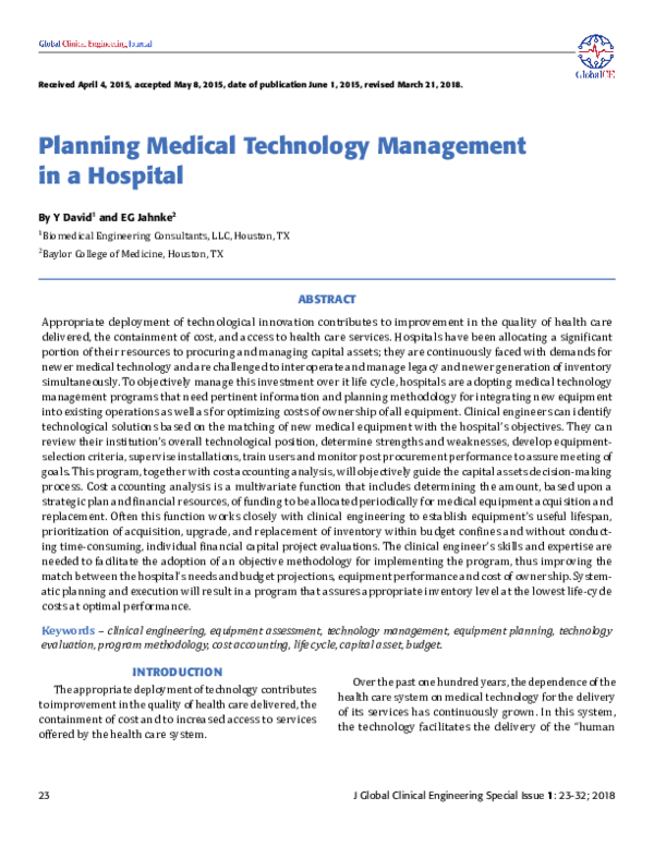 (PDF) Planning Medical Technology Management in a Hospital Yadin