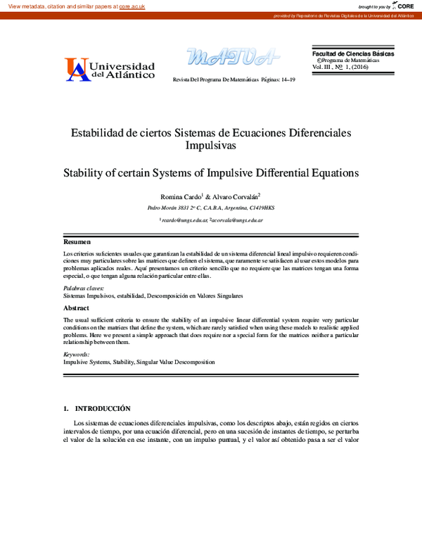 (PDF) Stability of certain Systems of Impulsive Differential Equations