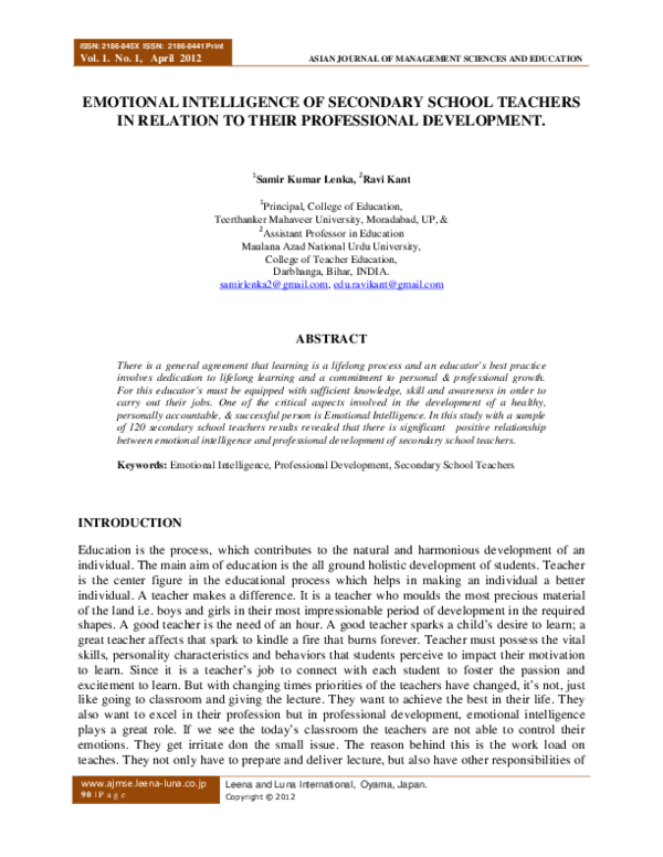 (PDF) Emotional Intelligence of Secondary School Teachers in Relation ...