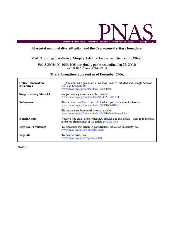 (PDF) Placental mammal diversification and the Cretaceous–Tertiary boundary