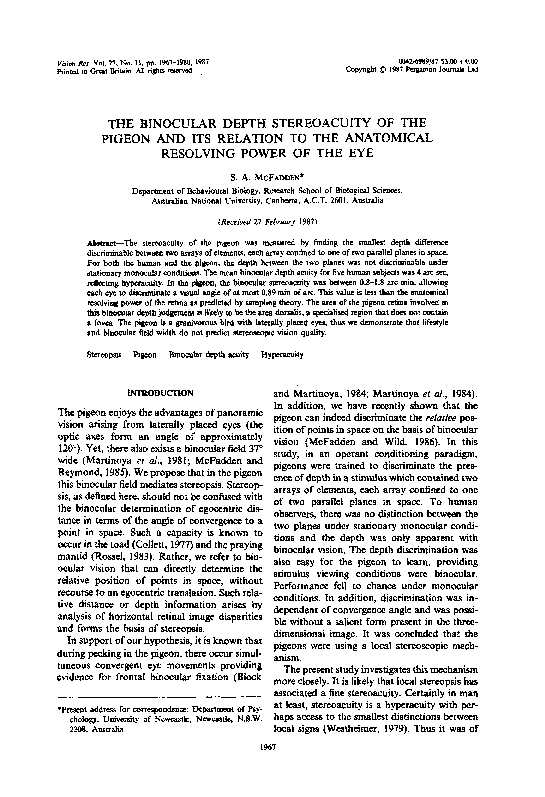 (PDF) The binocular depth stereoacuity of the pigeon and its relation ...
