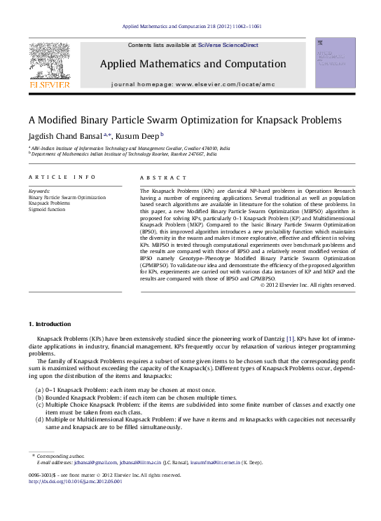 (PDF) A Modified Binary Particle Swarm Optimization for Knapsack Problems