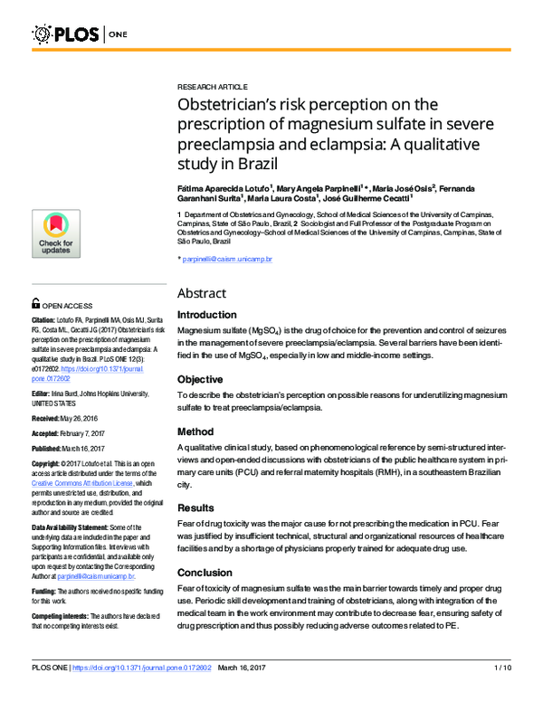 (PDF) Obstetrician's risk perception on the prescription of magnesium