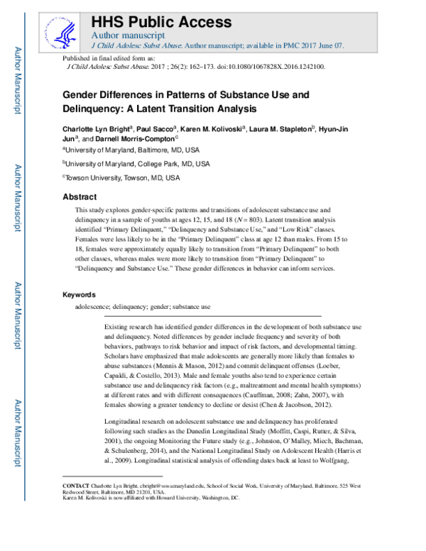 (PDF) Gender Differences in Patterns of Substance Use and Delinquency ...