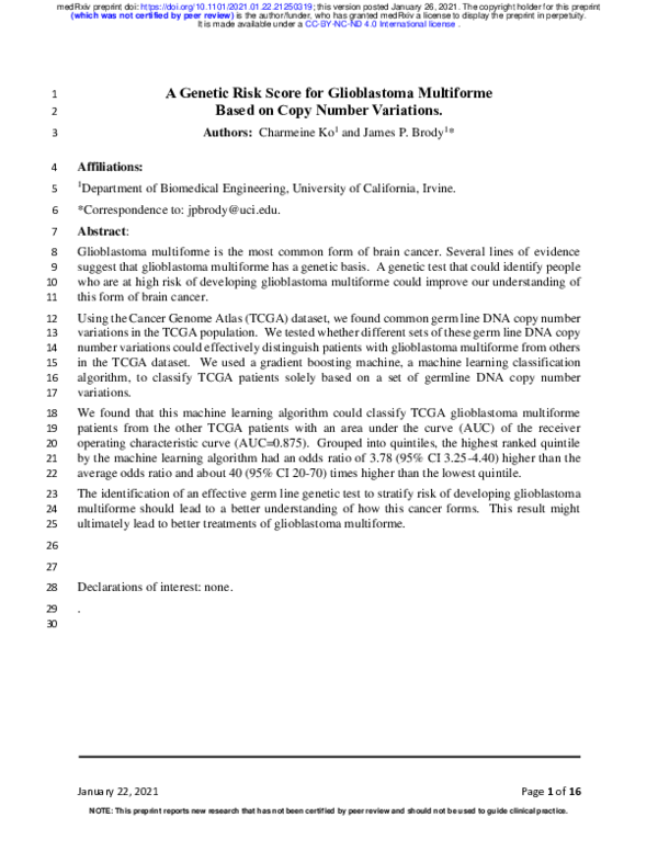 (PDF) A genetic risk score for glioblastoma multiforme based on copy ...