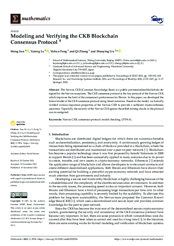 (PDF) Modeling and Verifying the CKB Blockchain Consensus Protocol