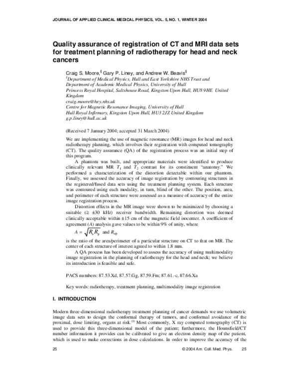 (PDF) Quality assurance of registration of CT and MRI data sets for ...