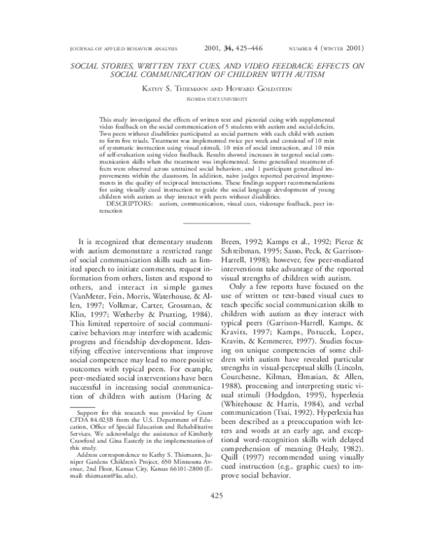 (PDF) Social Stories, Written Text Cues, and Video Feedback: Effects on ...