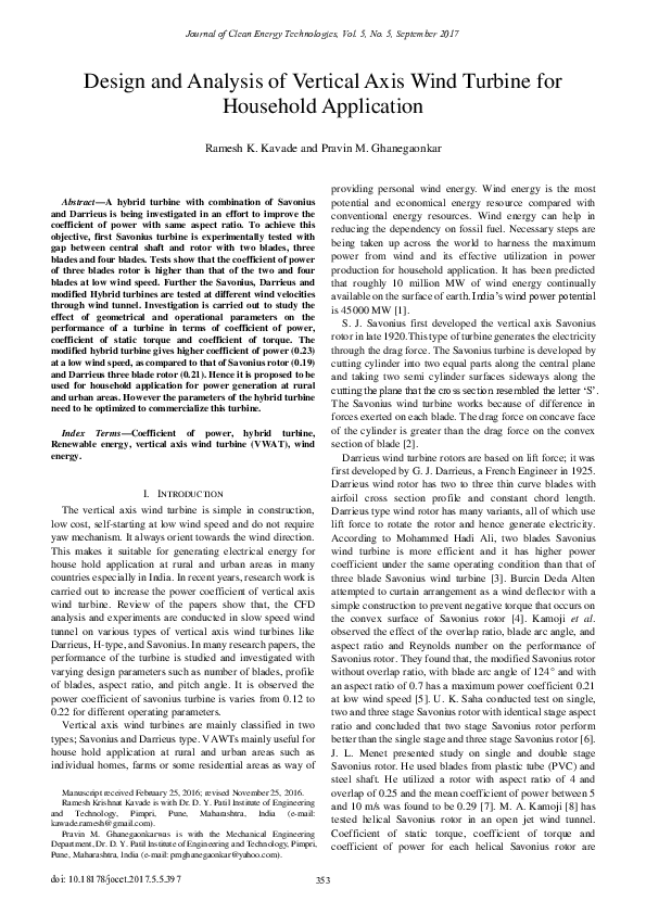 (PDF) Design and Analysis of Vertical Axis Wind Turbine for Household ...