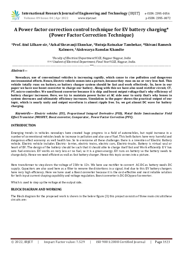 (PDF) A Power factor correction control technique for EV battery
