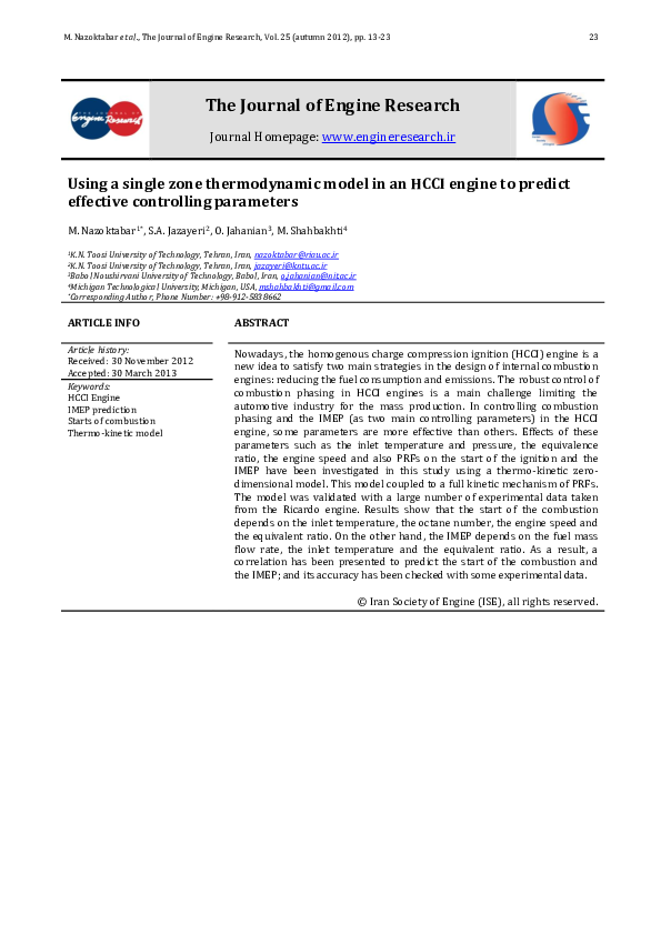 (PDF) Using a Single Zone Thermodynamic Model in an Hcci Engine to ...