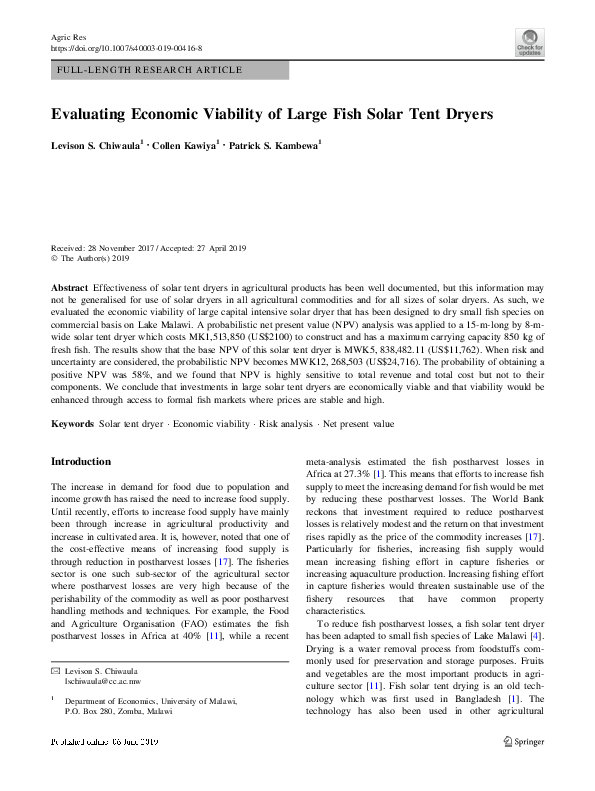 (PDF) Evaluating Economic Viability of Large Fish Solar Tent Dryers
