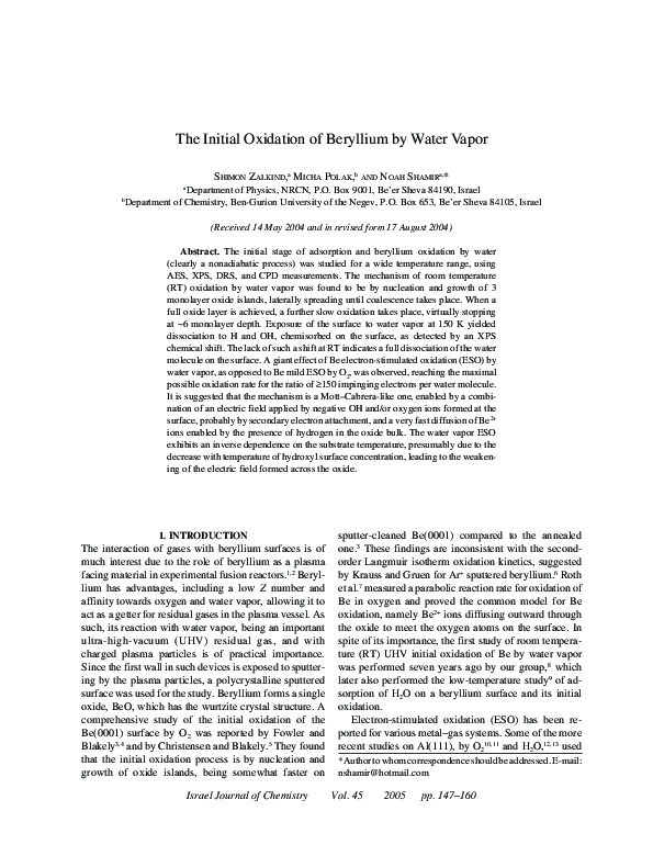 (PDF) The initial oxidation of beryllium by water vapor