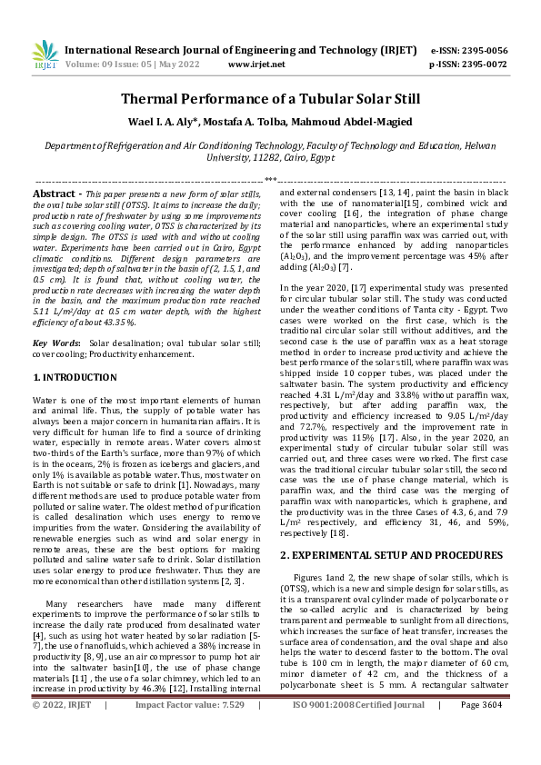 (PDF) Thermal Performance of a Tubular Solar Still