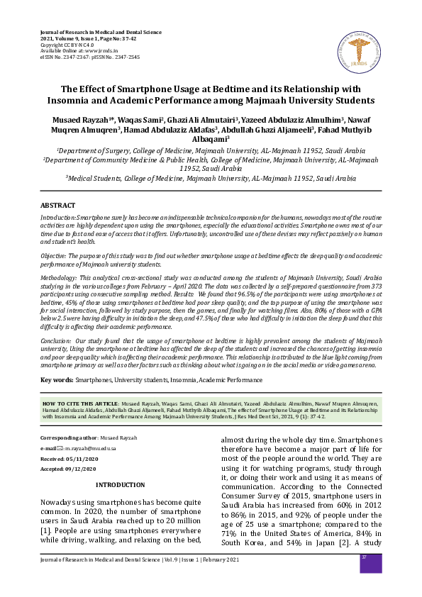 (PDF) The Effect of Smartphone Usage at Bedtime and its Relationship ...