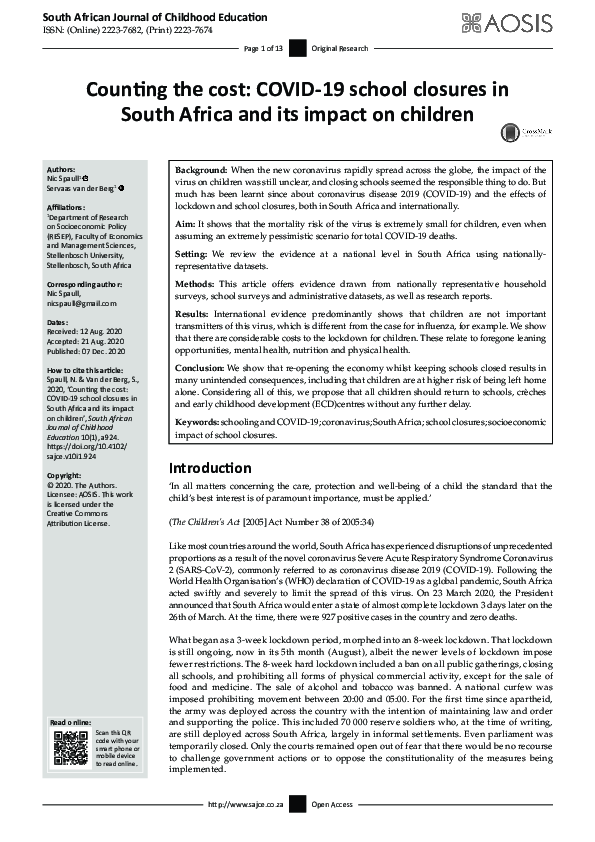 (PDF) Counting the cost: COVID-19 school closures in South Africa and ...