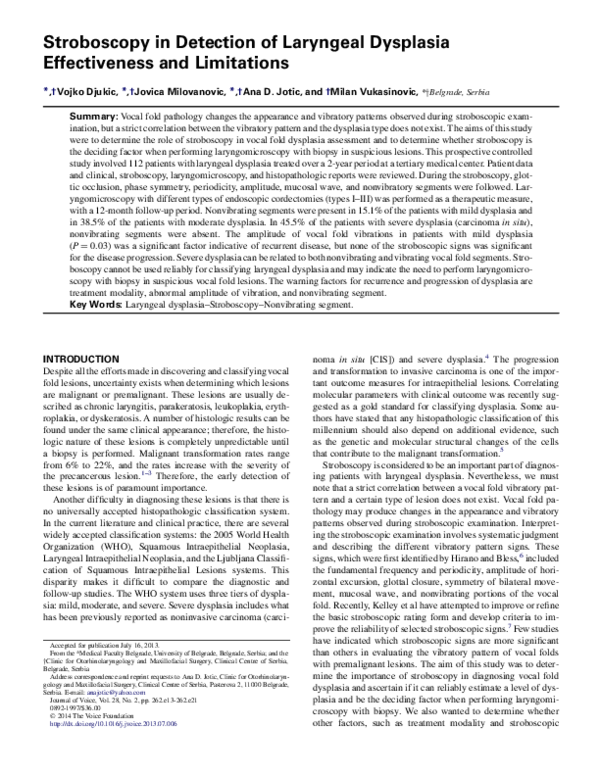 (PDF) Stroboscopy in Detection of Laryngeal Dysplasia Effectiveness and