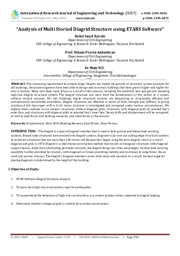 "Analysis of Multi Storied Diagrid Structure using ETABS Software"