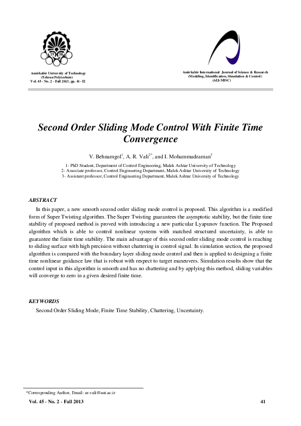 (PDF) Second Order Sliding Mode Control With Finite Time Convergence ...
