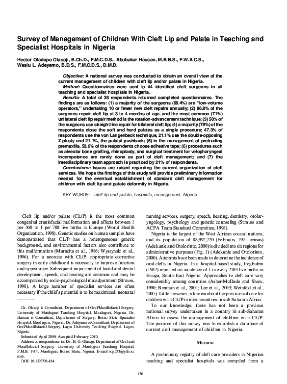 (PDF) Survey of Management of Children with Cleft Lip and Palate in ...
