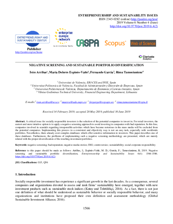 (PDF) Negative screening and sustainable portfolio diversification