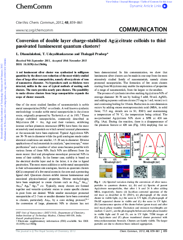 (PDF) Conversion of double layer charge-stabilized Ag@citrate colloids ...