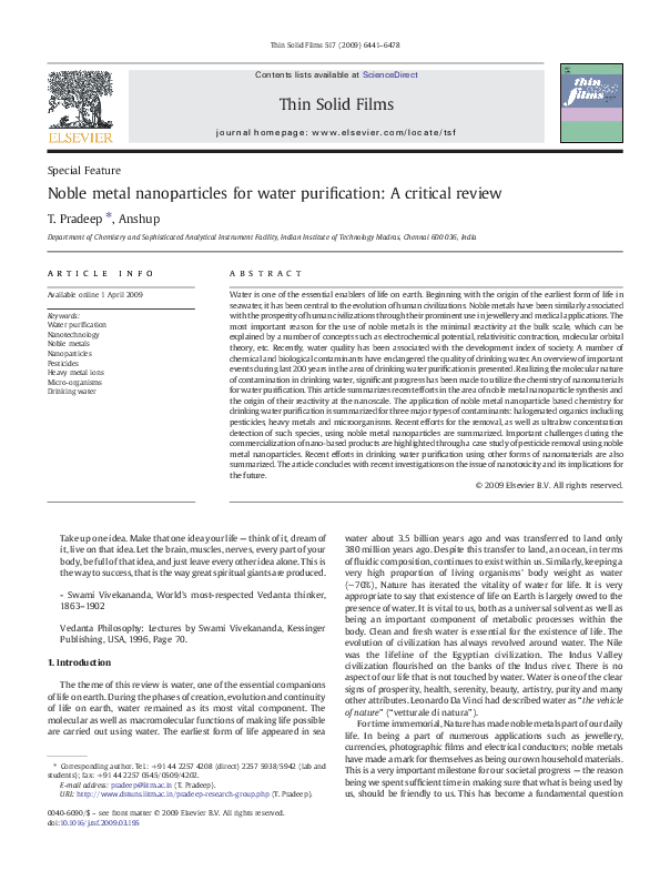 (PDF) Noble metal nanoparticles for water purification: A critical review