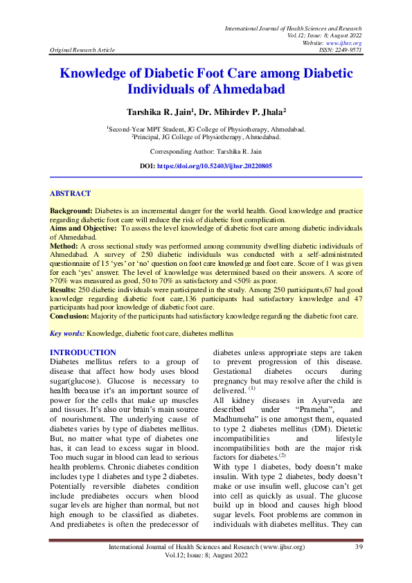 (PDF) Knowledge of Diabetic Foot Care among Diabetic Individuals of ...