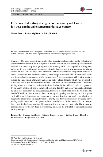(PDF) Experimental testing of engineered masonry infill walls for post ...