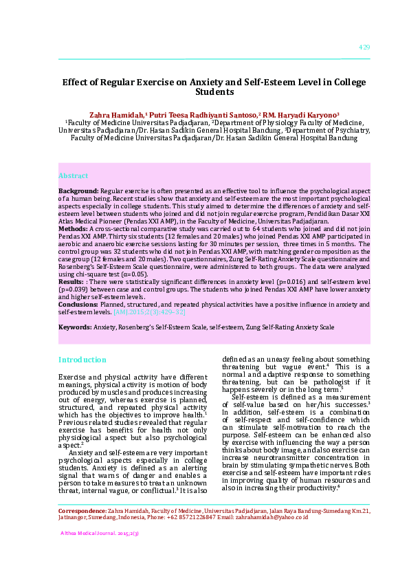 (PDF) Effect of Regular Exercise on Anxiety and Self-Esteem Level in ...