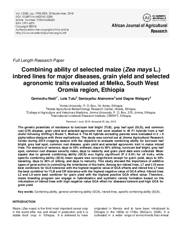 (PDF) Combining ability of selected maize (Zea mays L.) inbred lines ...