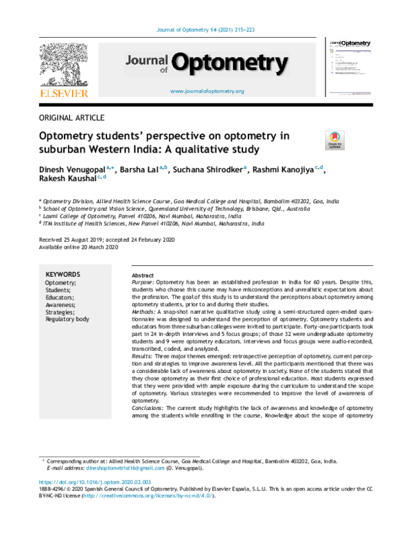 (PDF) Optometry students’ perspective on optometry in suburban Western
