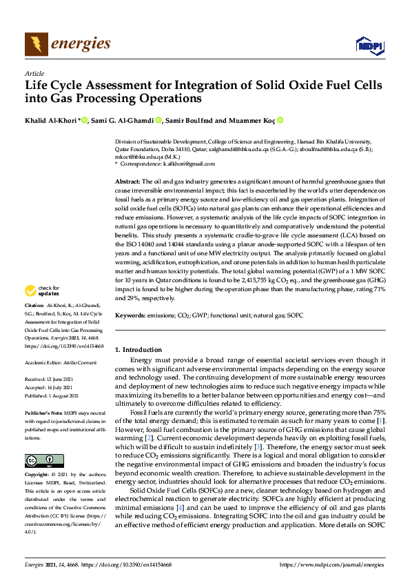 (PDF) Life Cycle Assessment for Integration of Solid Oxide Fuel Cells ...