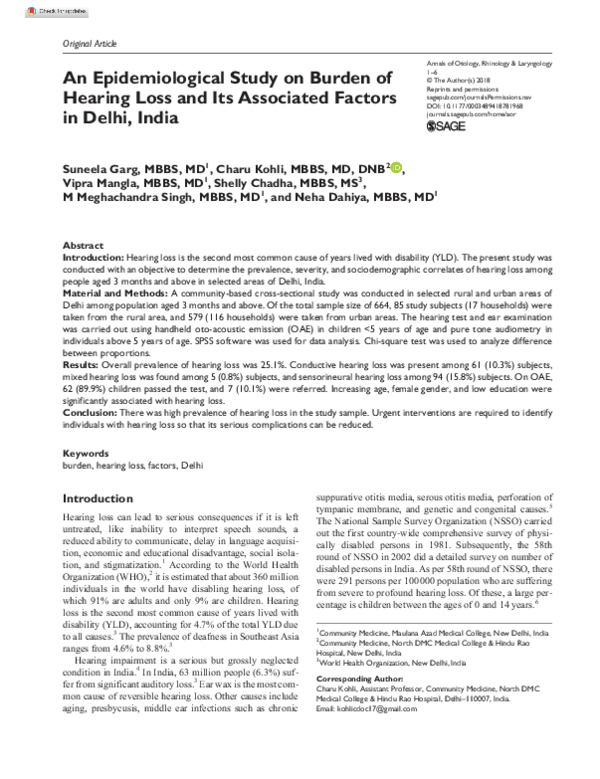 (PDF) An Epidemiological Study on Burden of Hearing Loss and Its ...