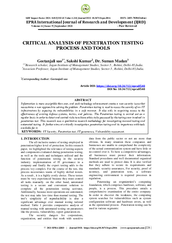 (PDF) Critical Analysis of Penetration Testing Process and Tools
