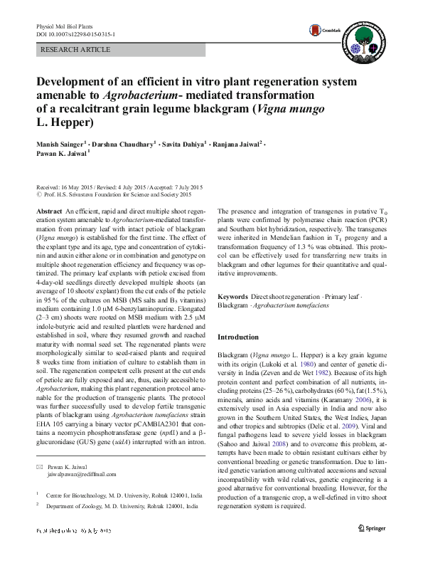 (PDF) Development of an efficient in vitro plant regeneration system ...