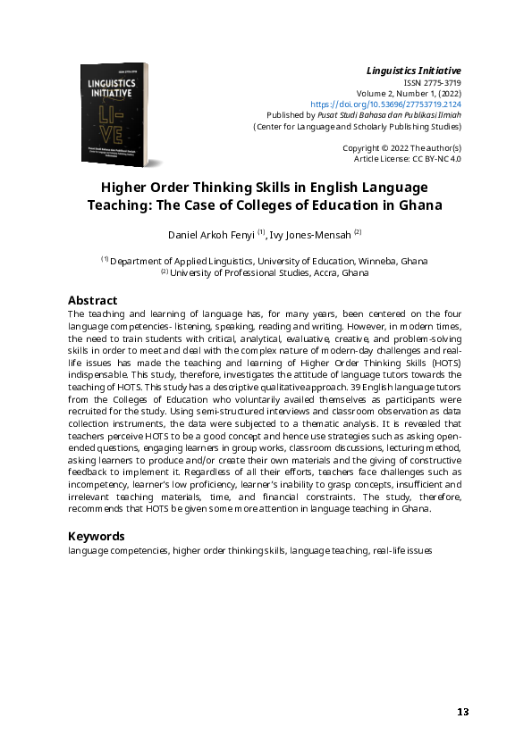 (PDF) Higher Order Thinking Skills in English Language Teaching: The ...