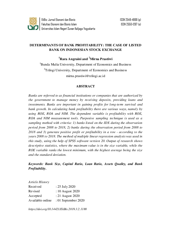 Pdf Determinants Of Bank Profitability The Case Of Listed Bank On