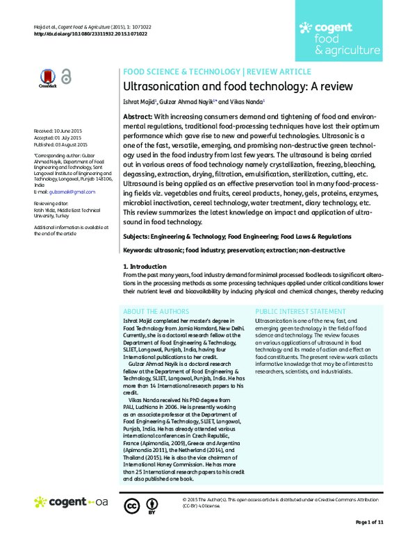 (PDF) Ultrasonication and food technology A review Ishrat Majid