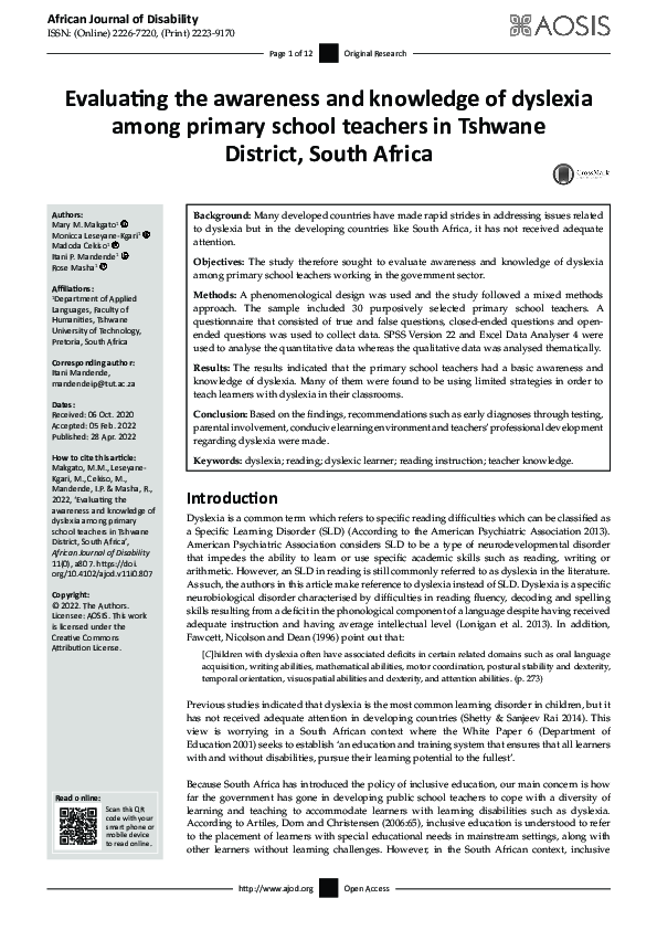 (PDF) Evaluating the awareness and knowledge of dyslexia among primary ...