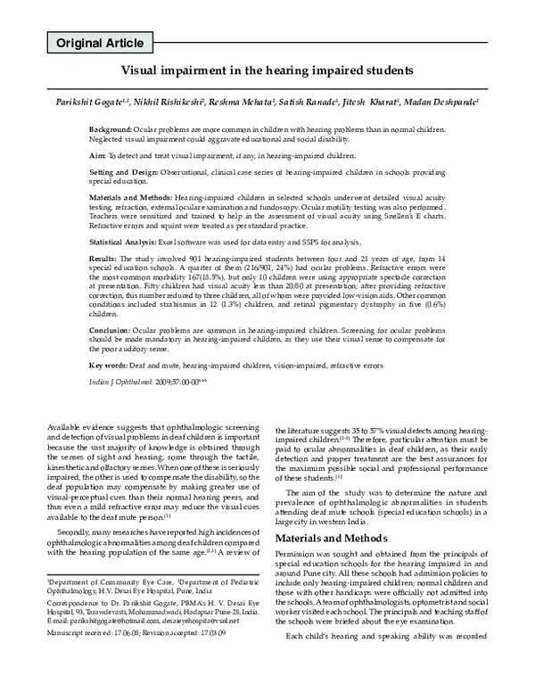 (PDF) Visual impairment in the hearing impaired students Madan D