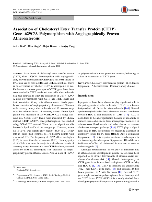 (PDF) Association of Cholesteryl Ester Transfer Protein (CETP) Gene ...