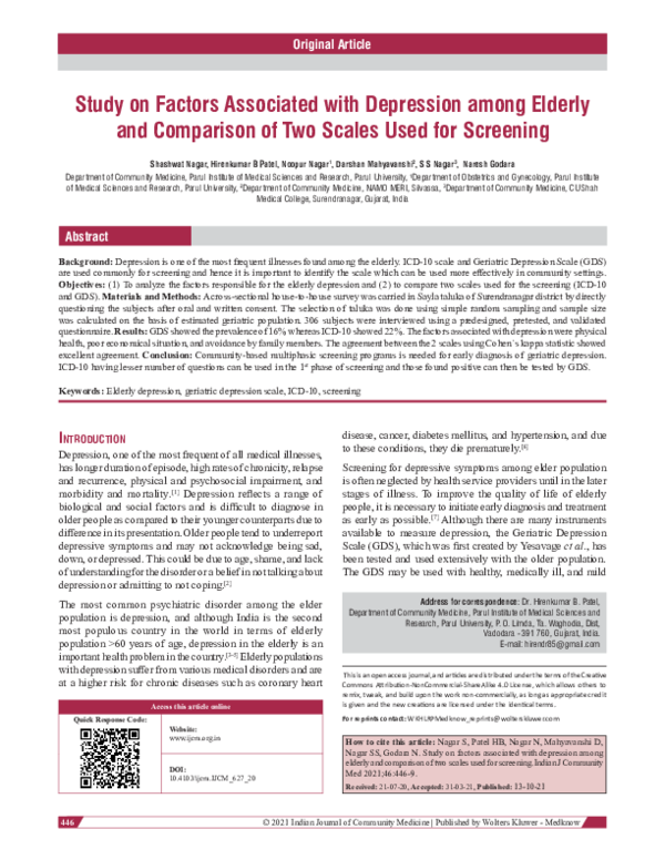 (PDF) Study on Factors Associated with Depression among Elderly and ...
