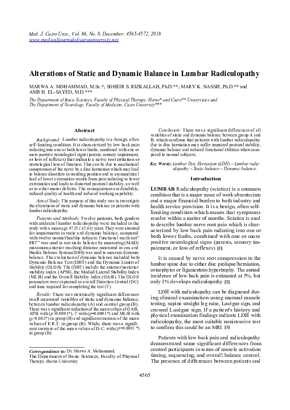 (PDF) Alterations of Static and Dynamic Balance in Lumbar Radiculopathy