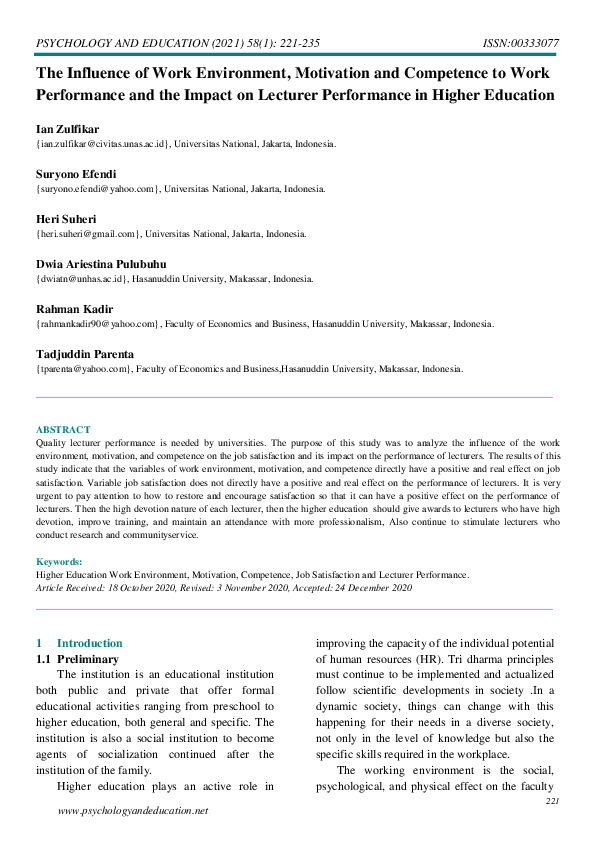 (PDF) The Influence of Work Environment, Motivation and Competence to ...