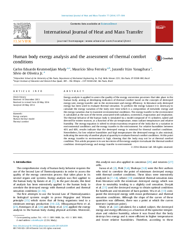 (PDF) Human body exergy analysis and the assessment of thermal comfort ...