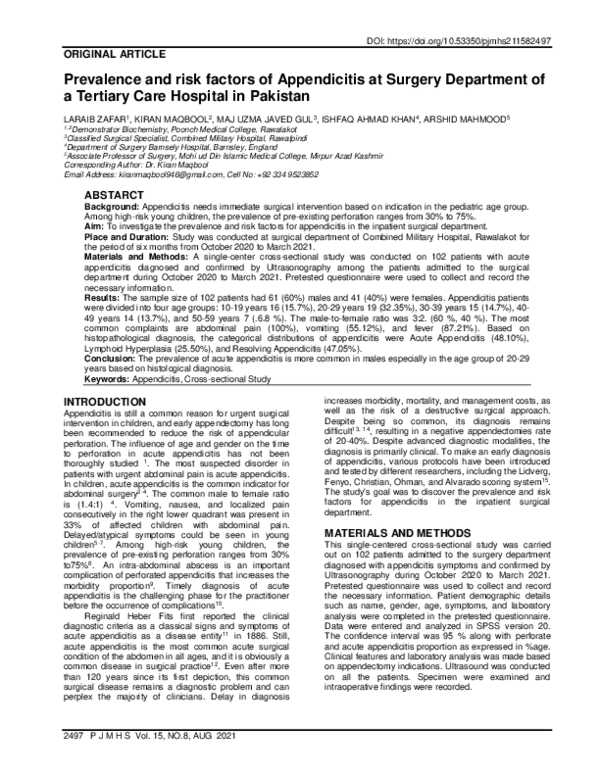 (PDF) Prevalence and risk factors of Appendicitis at Surgery Department ...
